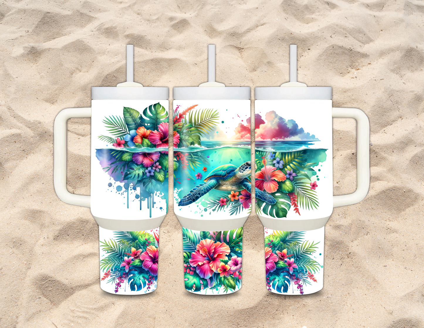 Floral Sea Turtle 40 oz Tumbler with Handle