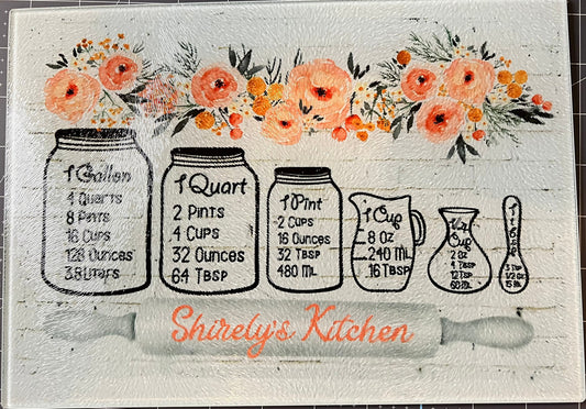 Glass cutting board personalize with measurements.